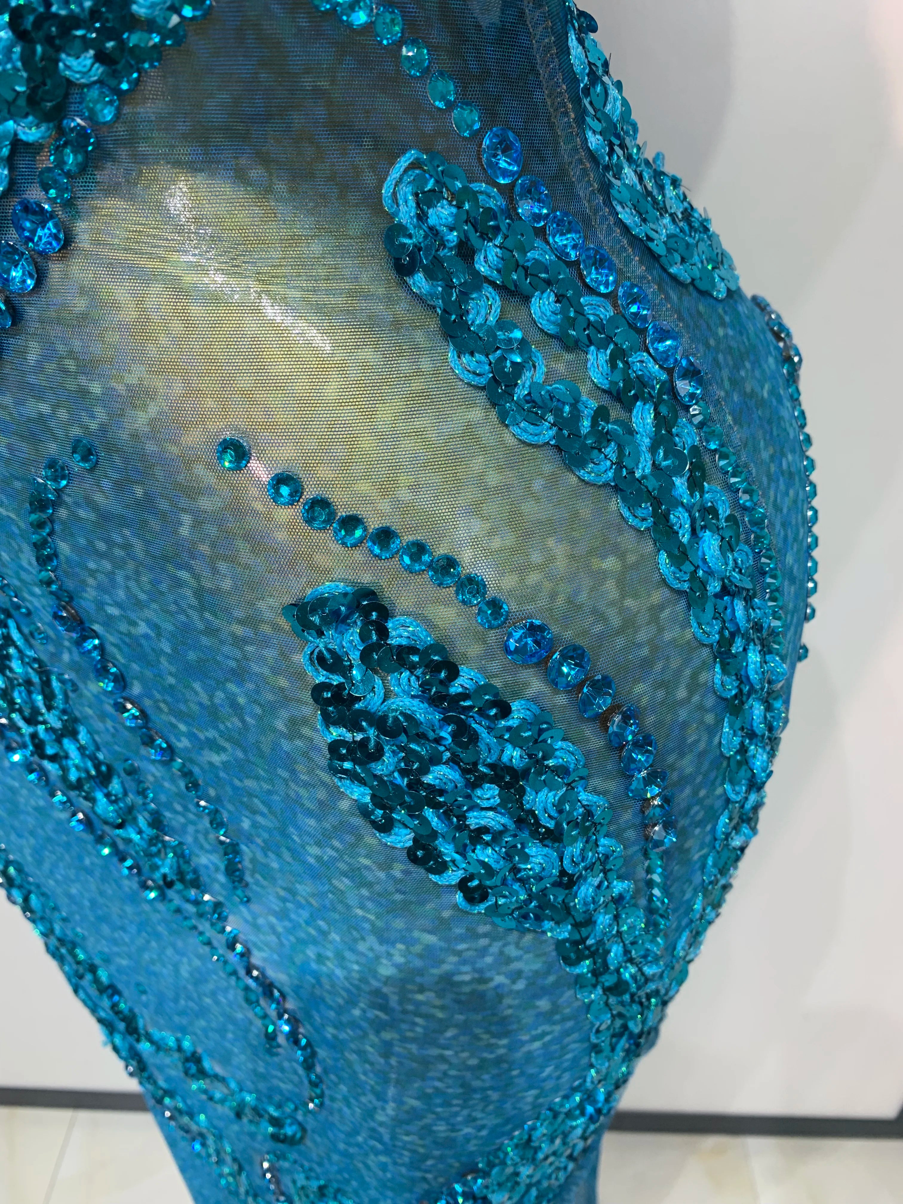 Blue Rhinestones Sequins Mesh Dress