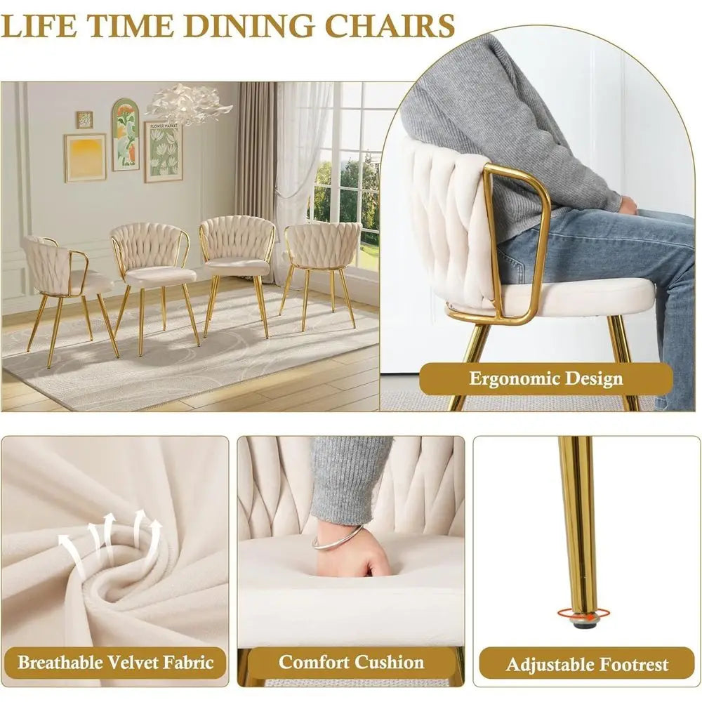 Elegant Glass Dining Set for 4 with Beige Velvet Chairs and Gold Base