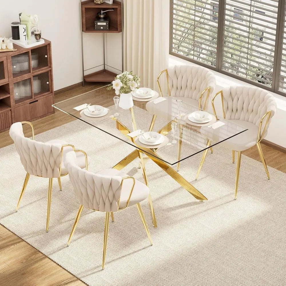 Elegant Glass Dining Set for 4 with Beige Velvet Chairs and Gold Base