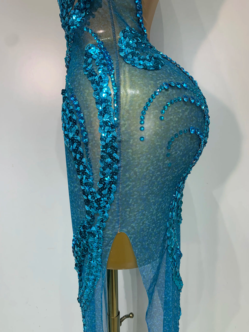Blue Rhinestones Sequins Mesh Dress