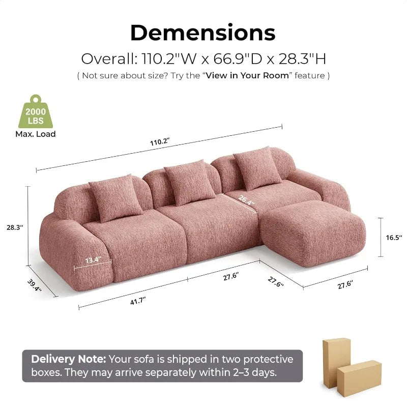 LIKIMIO LumiPebble Modular Sectional Sofa with Ottoman, 110" L-Shaped Boneless Couch for Living Room, Deep Seat