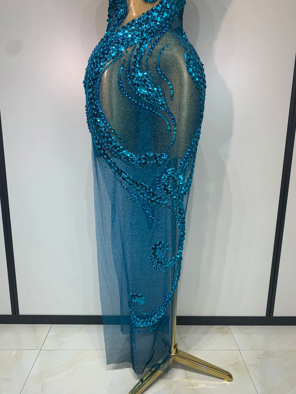 Blue Rhinestones Sequins Mesh Dress