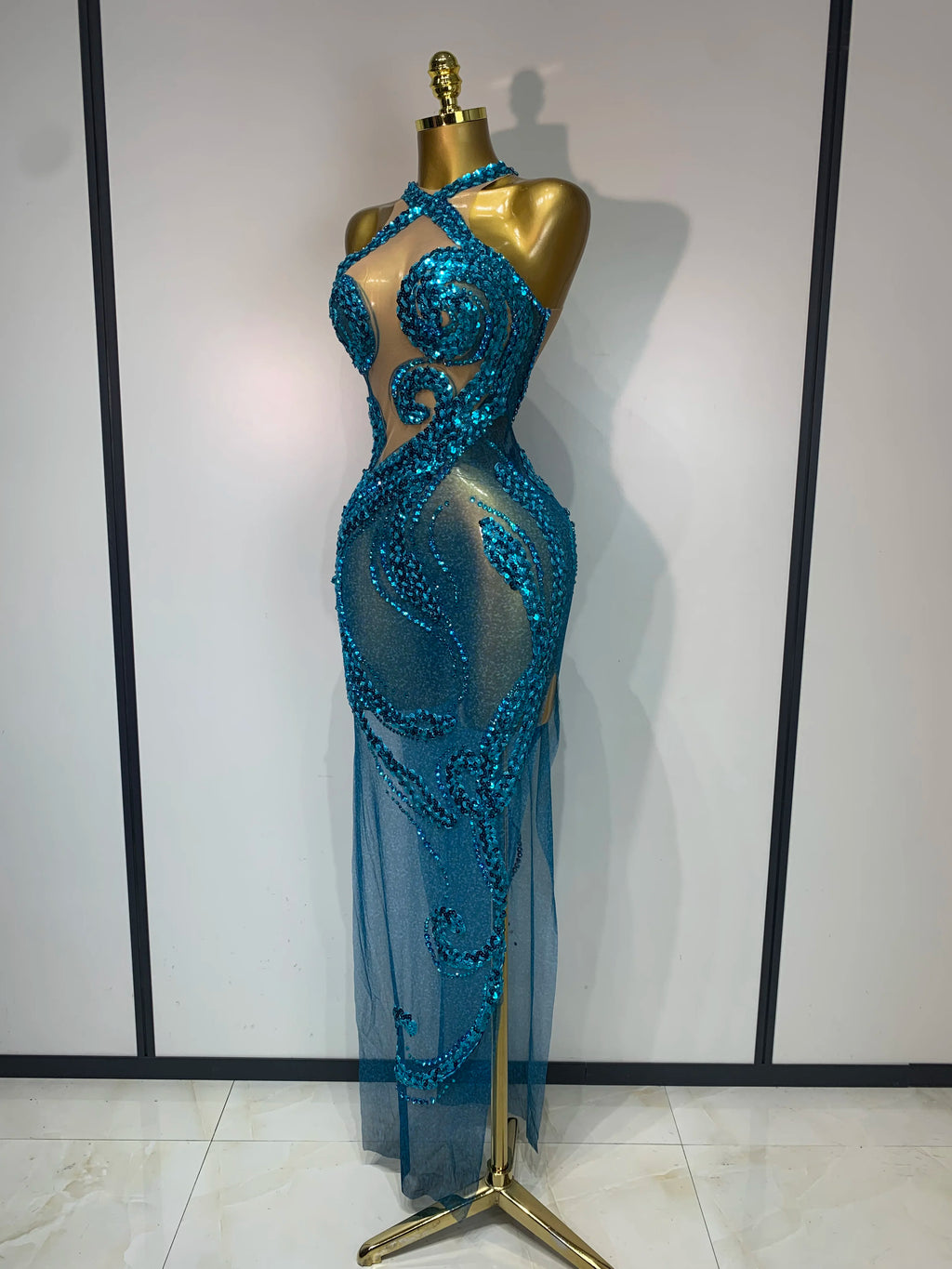 Blue Rhinestones Sequins Mesh Dress