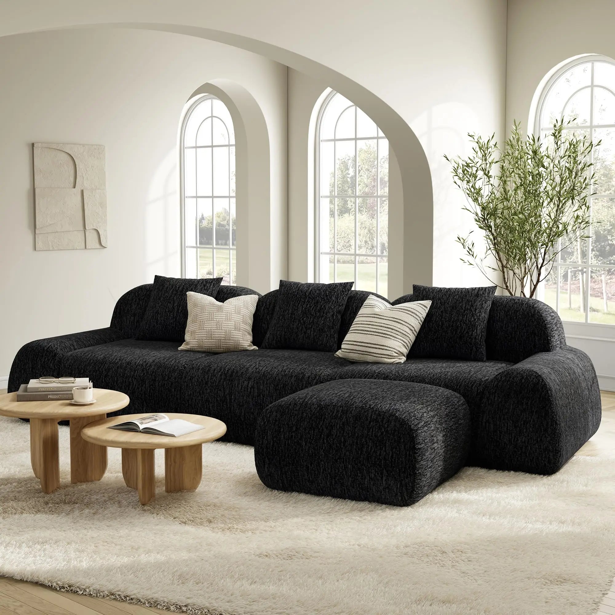 LIKIMIO LumiPebble Modular Sectional Sofa with Ottoman, 110" L-Shaped Boneless Couch for Living Room, Deep Seat