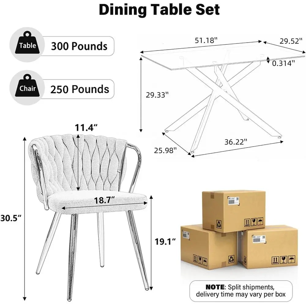 Elegant Glass Dining Set for 4 with Beige Velvet Chairs and Gold Base