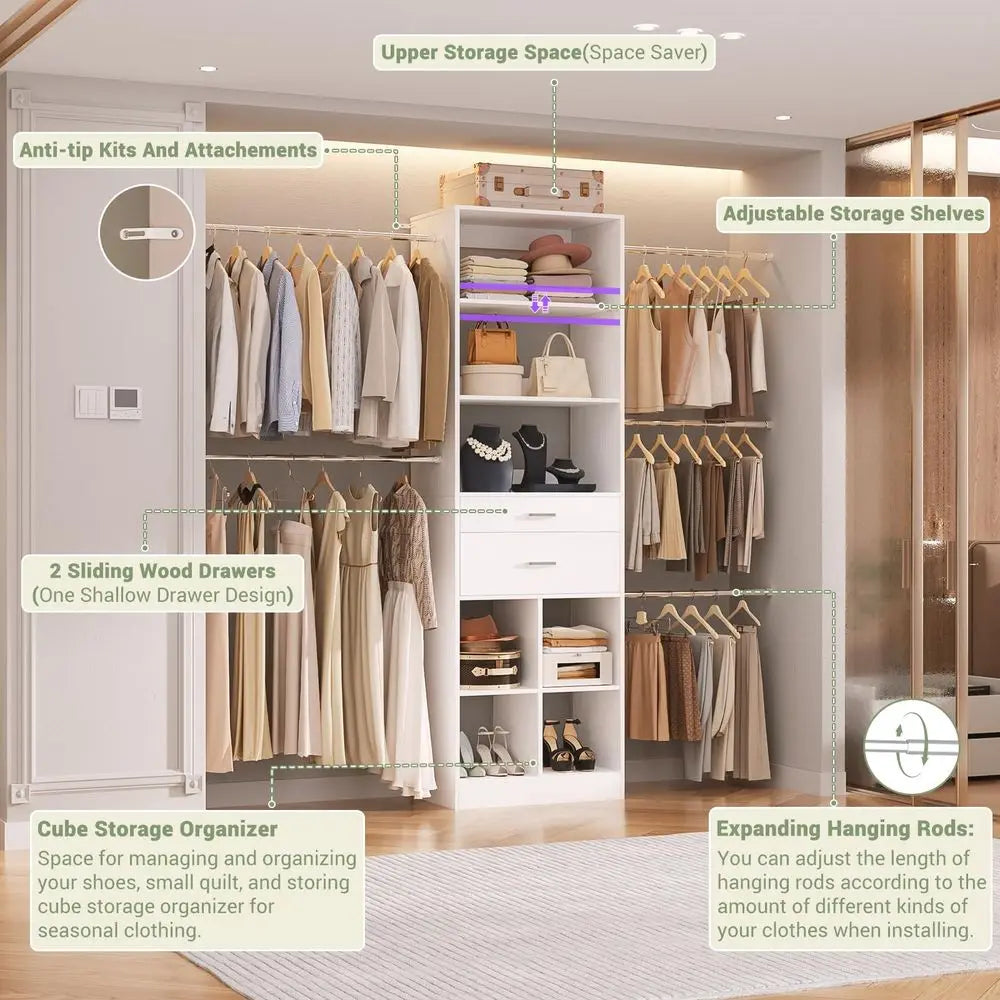System, 48 FT Closet Organizer Tower with 2 Wooden Drawers and 5 Hanging Rods, Can Fit 60 to 96 inch Walk in Closet System