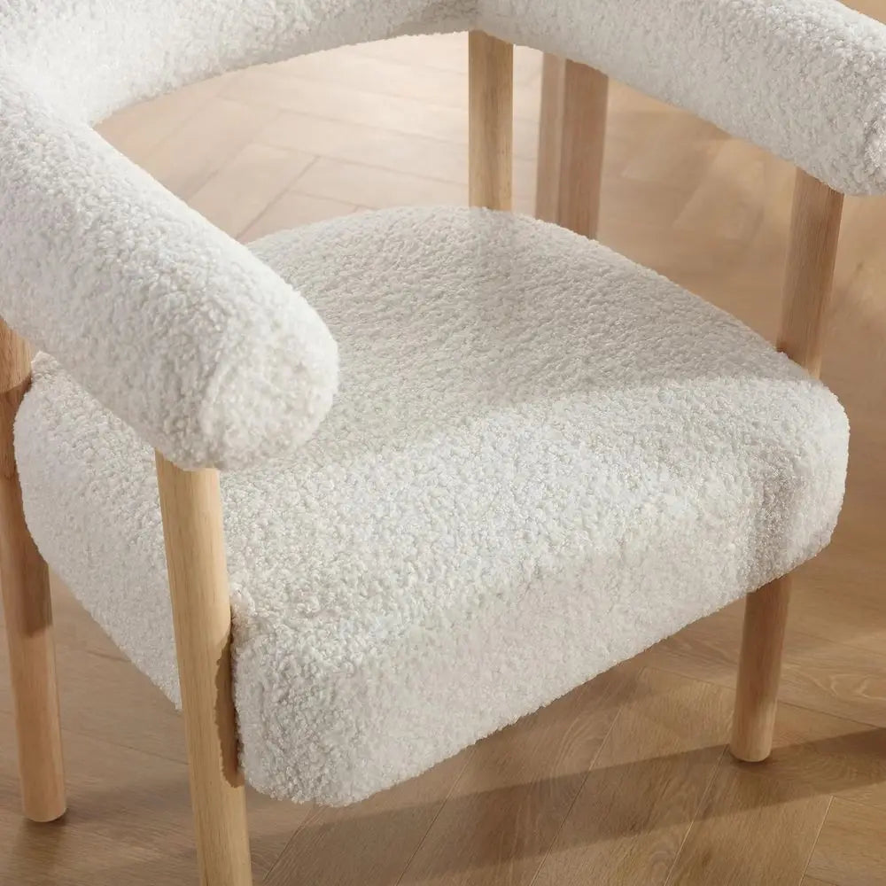 Set of 6 White Boucle Upholstered Dining Chairs with Curved Backrests and Natural Wood Legs