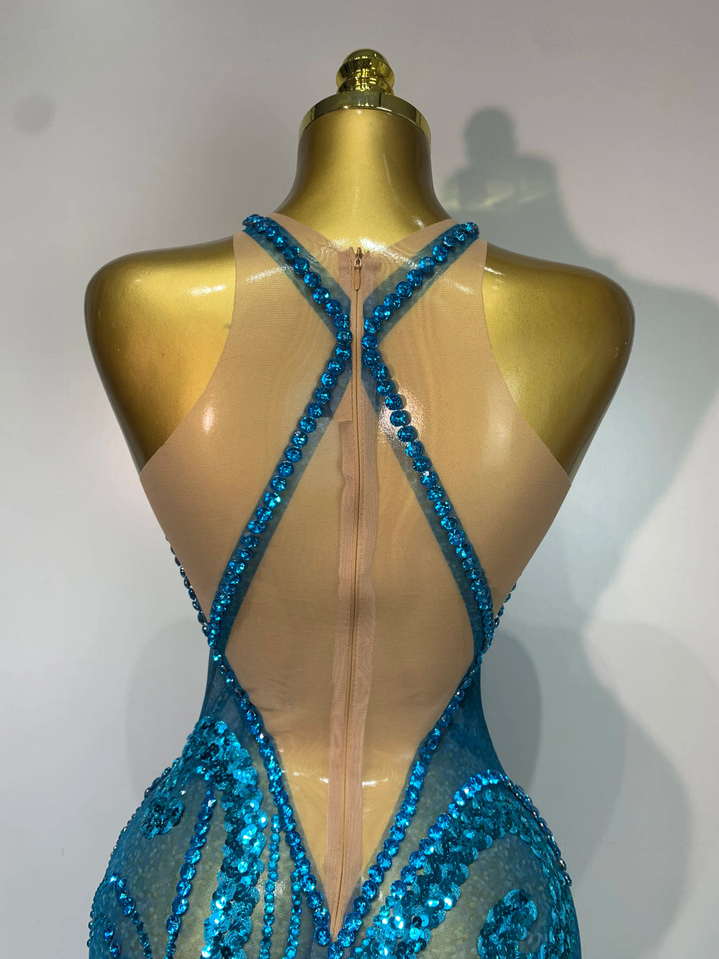 Blue Rhinestones Sequins Mesh Dress