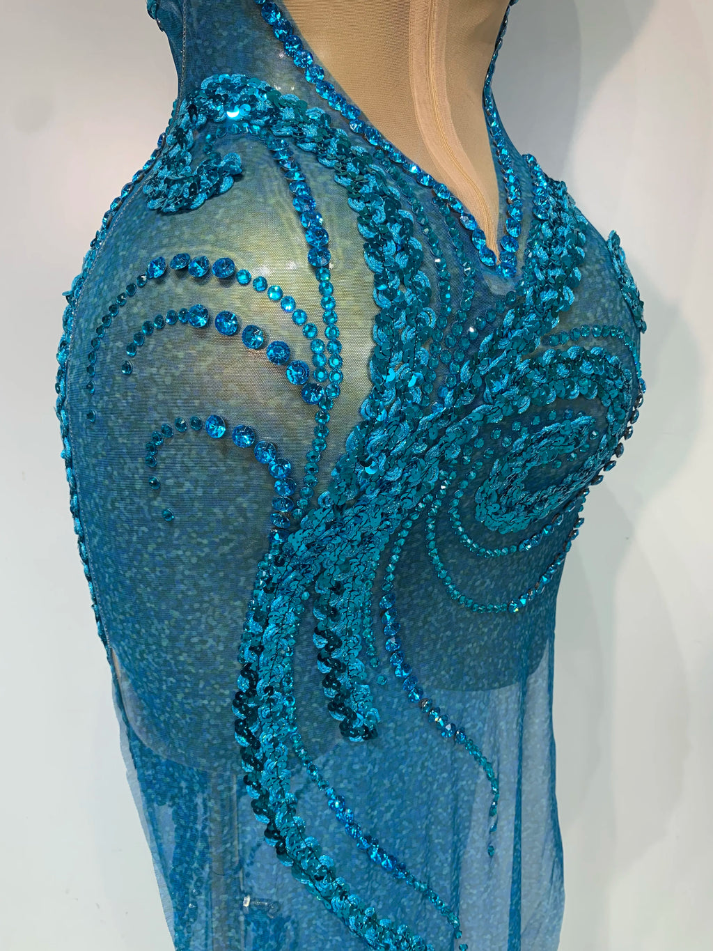 Blue Rhinestones Sequins Mesh Dress