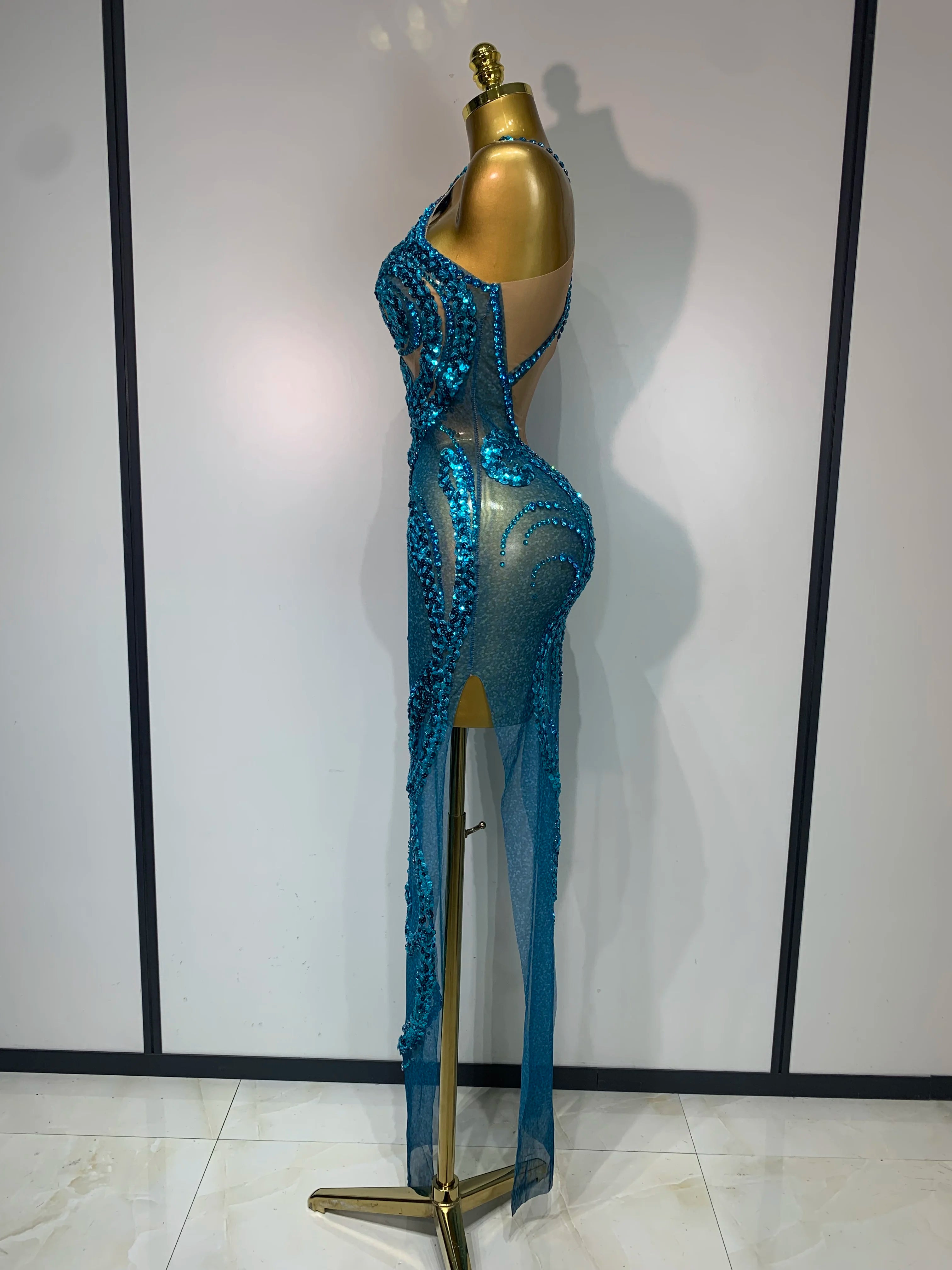 Blue Rhinestones Sequins Mesh Dress