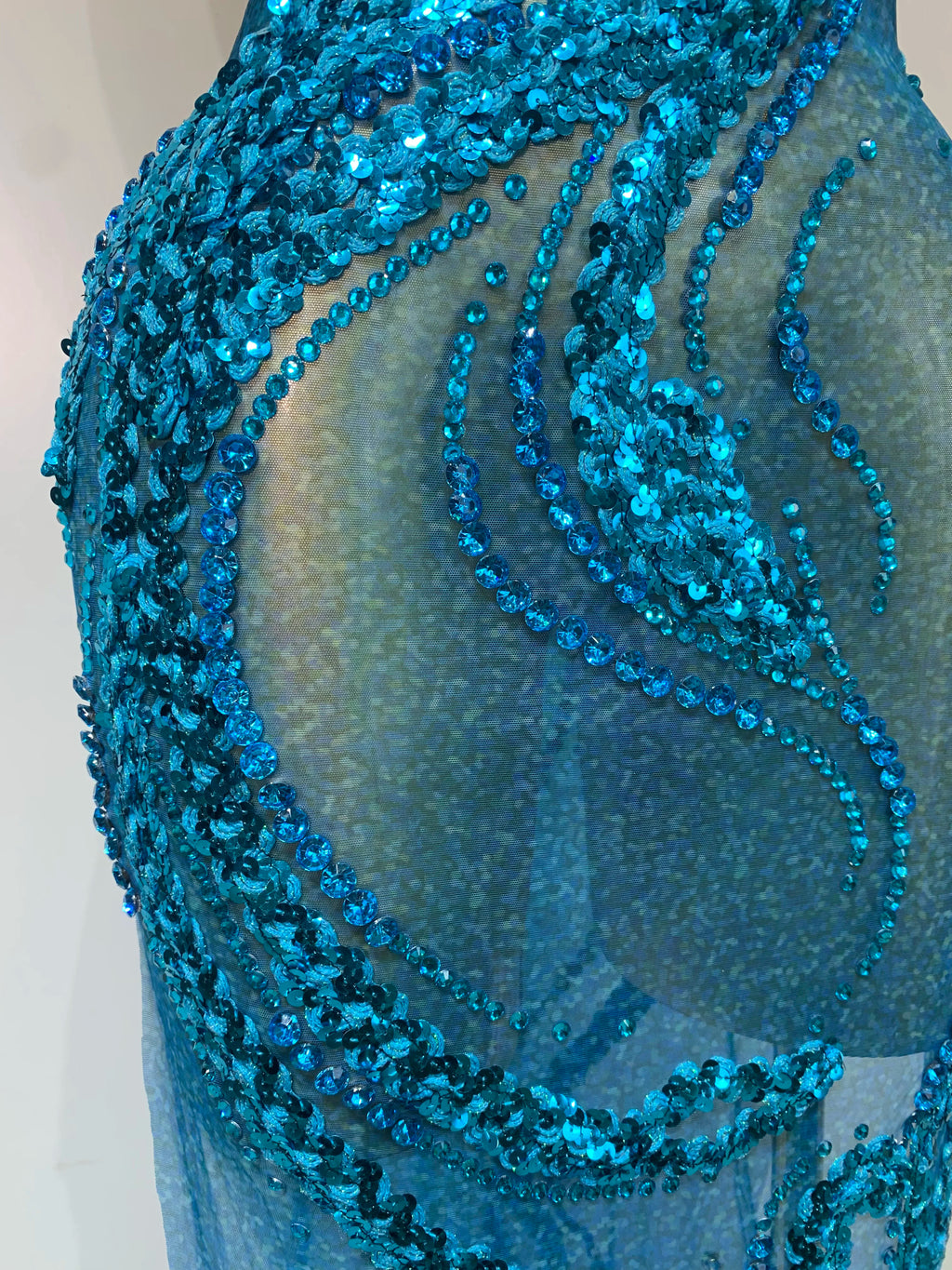 Blue Rhinestones Sequins Mesh Dress