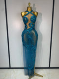 Blue Rhinestones Sequins Mesh Dress
