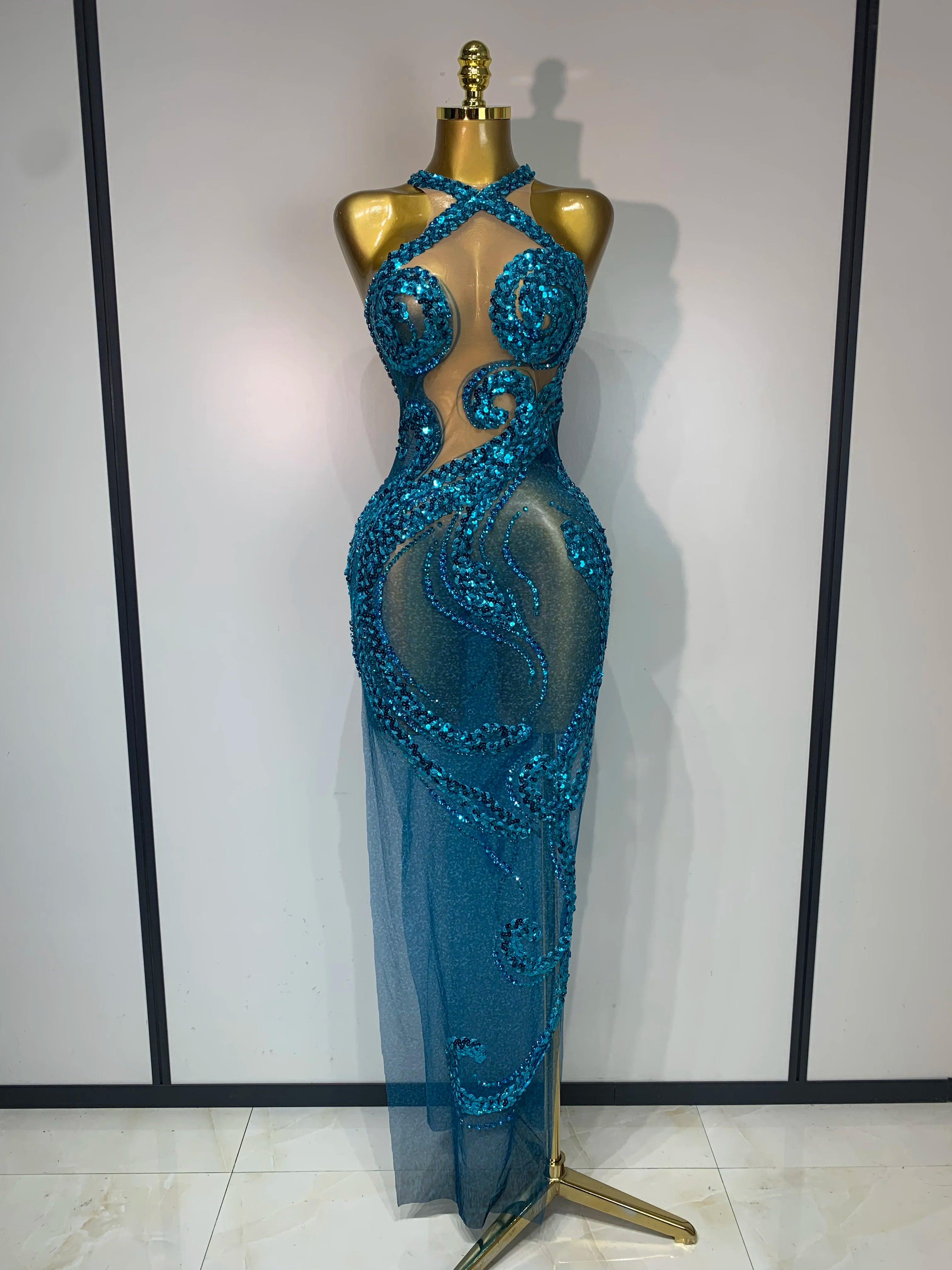 Blue Rhinestones Sequins Mesh Dress