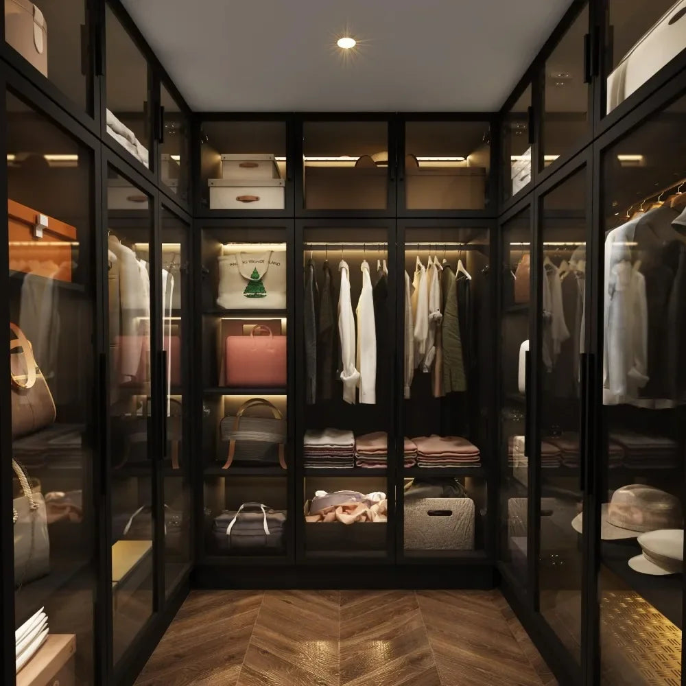Wardrobe with LED Lights, 5-storey Bookshelf and 6 Glass Doors
