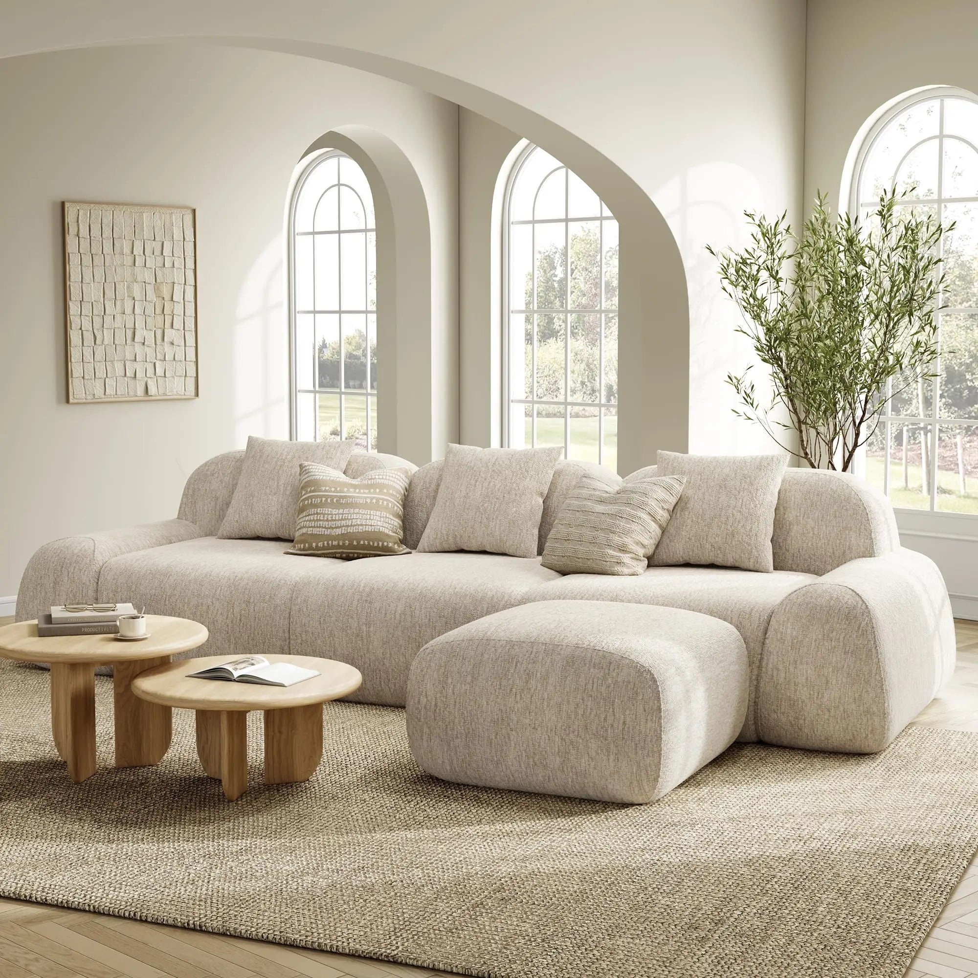 LIKIMIO LumiPebble Modular Sectional Sofa with Ottoman, 110" L-Shaped Boneless Couch for Living Room, Deep Seat