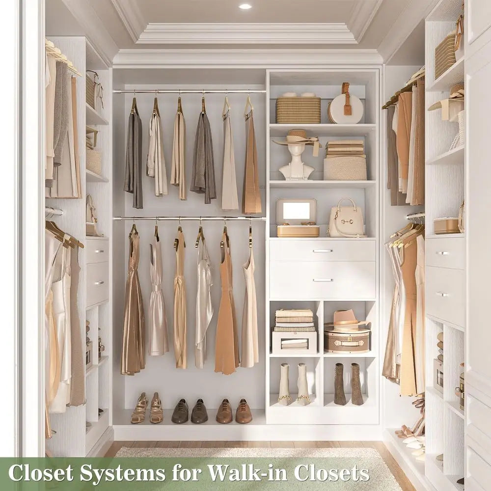 System, 48 FT Closet Organizer Tower with 2 Wooden Drawers and 5 Hanging Rods, Can Fit 60 to 96 inch Walk in Closet System