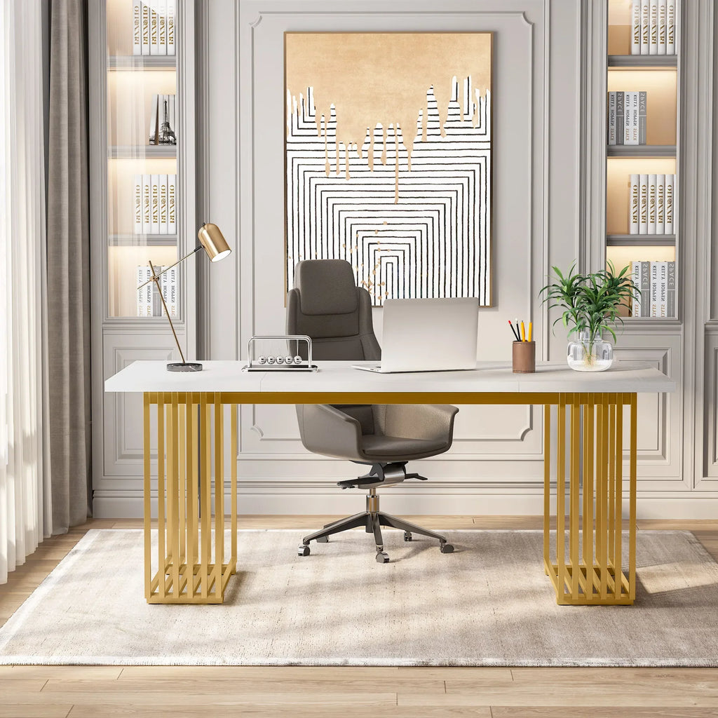 Tribesigns Modern Office Desk, 70.9" Wooden Computer Desk,Executive Desk with Gold Metal Legs, Large Workstation Home Office
