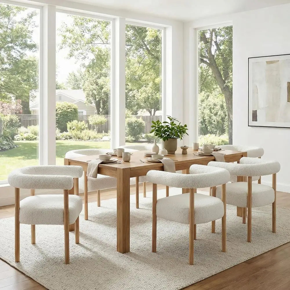 Set of 6 White Boucle Upholstered Dining Chairs with Curved Backrests and Natural Wood Legs