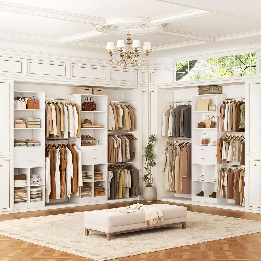 System, 48 FT Closet Organizer Tower with 2 Wooden Drawers and 5 Hanging Rods, Can Fit 60 to 96 inch Walk in Closet System
