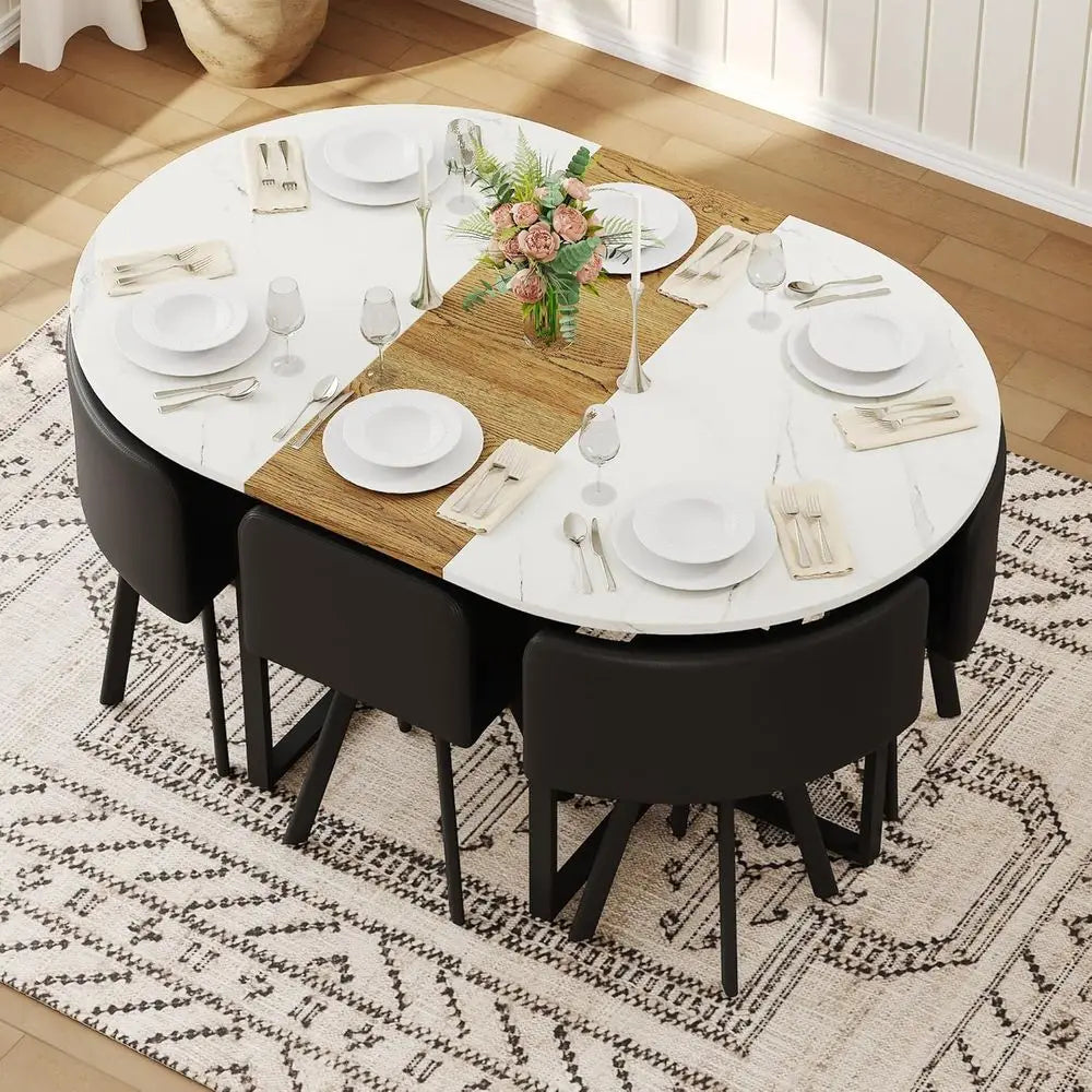 6-Seat Oval Dining Table Set with Cushioned Chairs