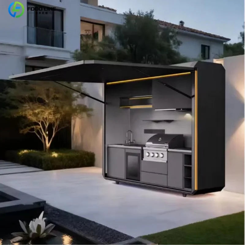 Outdoor kitchen shed, Weatherproof Modular Outdoor Kitchen with Barbecue and Sink for Garden Spaces