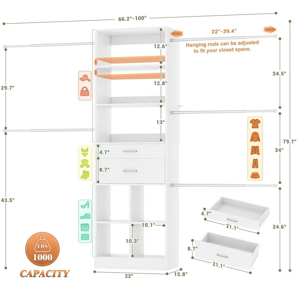 System, 48 FT Closet Organizer Tower with 2 Wooden Drawers and 5 Hanging Rods, Can Fit 60 to 96 inch Walk in Closet System