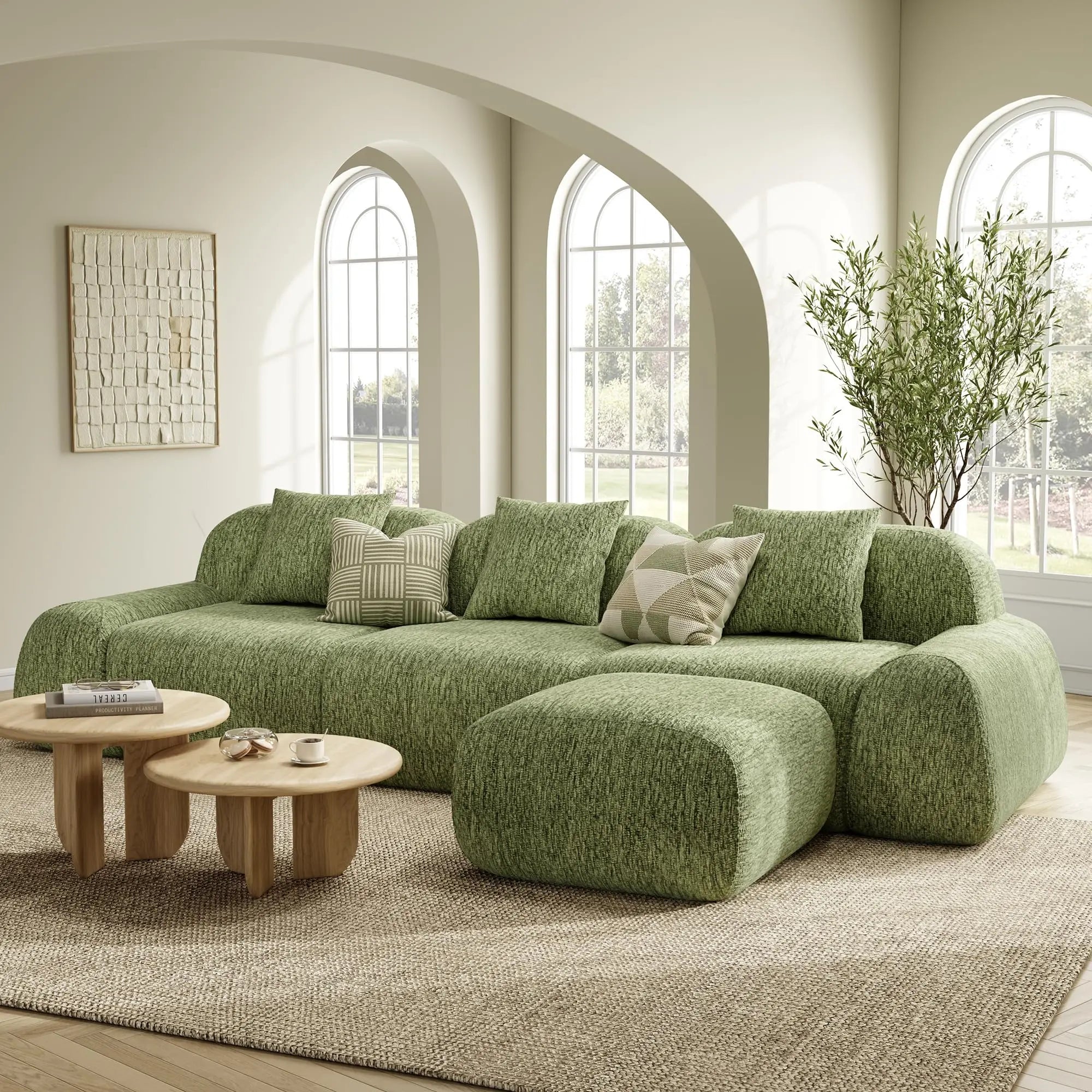 LIKIMIO LumiPebble Modular Sectional Sofa with Ottoman, 110" L-Shaped Boneless Couch for Living Room, Deep Seat