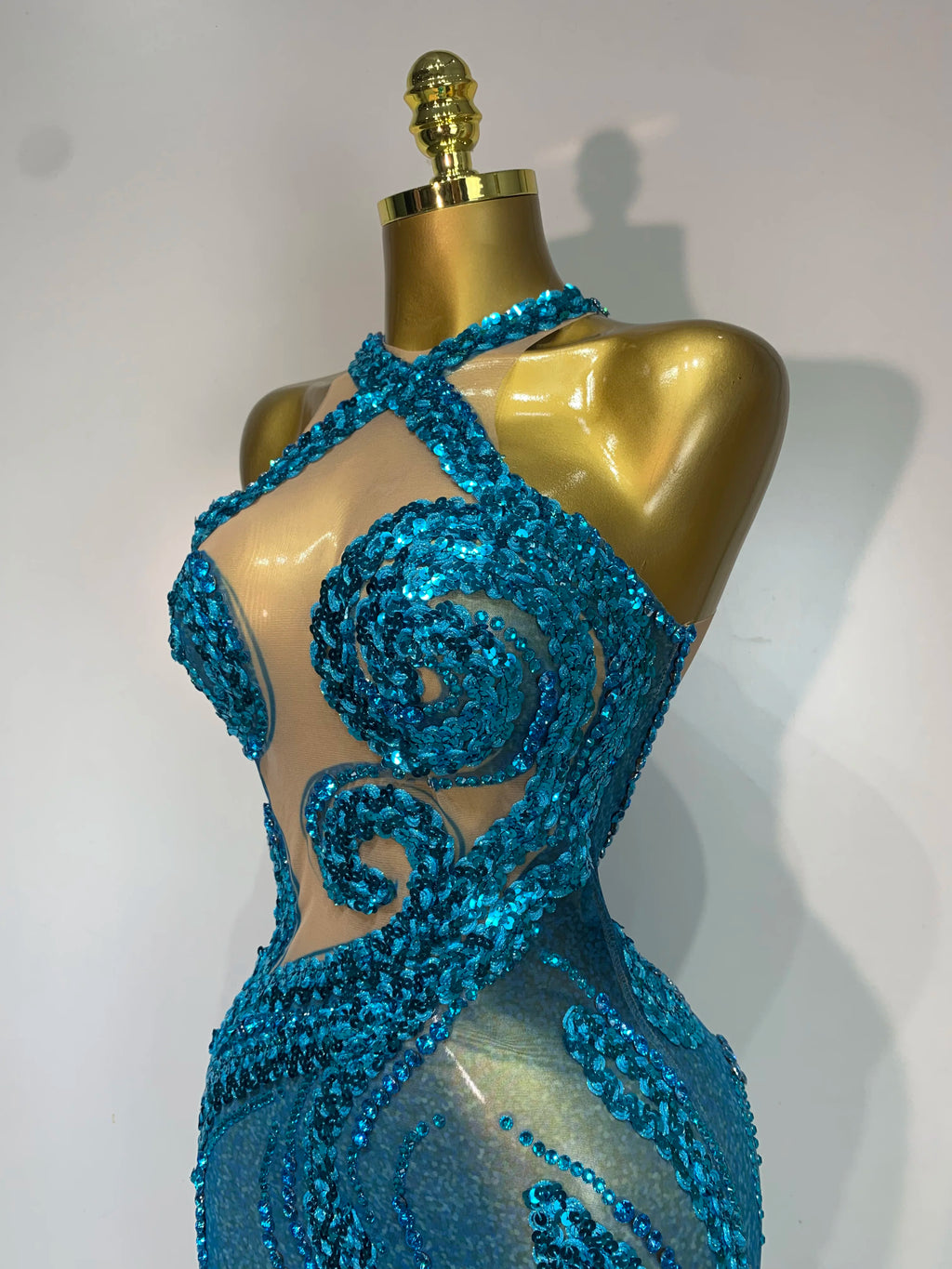 Blue Rhinestones Sequins Mesh Dress