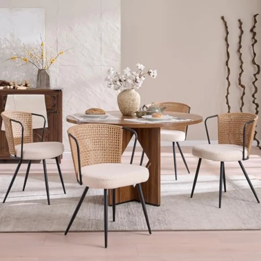 Rattan Dining Chairs Set of 4 - Farmhouse Upholstered Cane Back Kitchen Chair