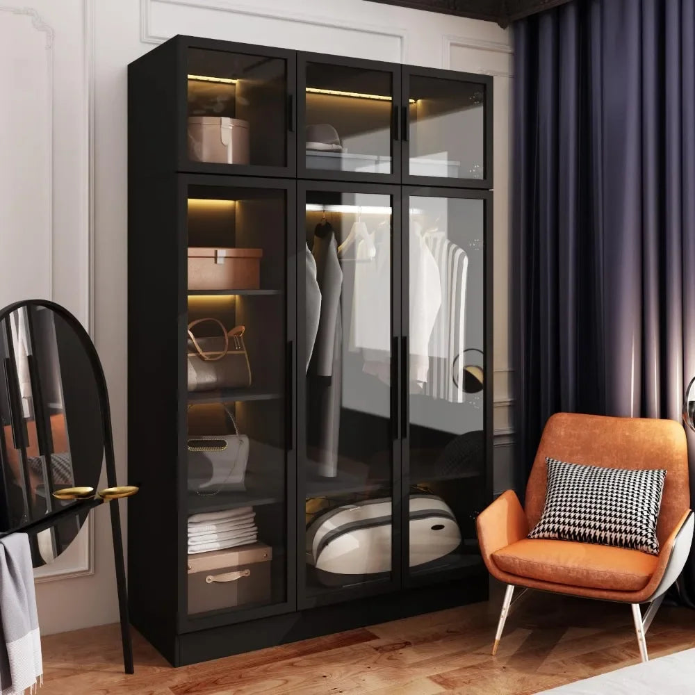Wardrobe with LED Lights, 5-storey Bookshelf and 6 Glass Doors