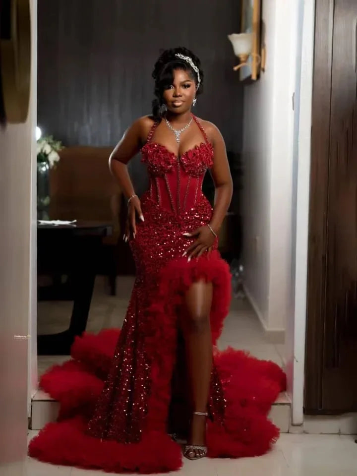 Beaded Halter Ruffles High Slit Evening Gown