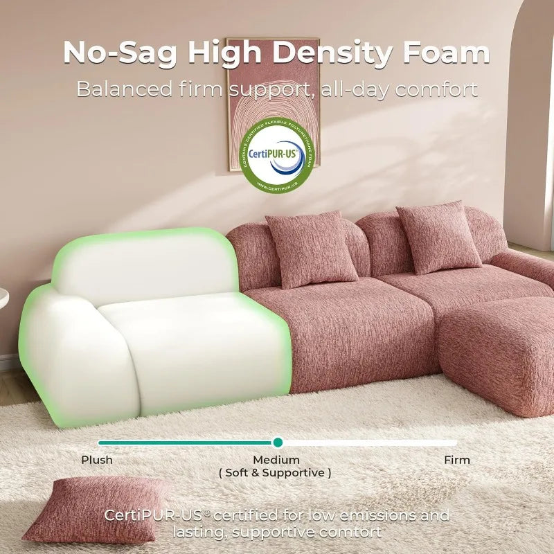 LIKIMIO LumiPebble Modular Sectional Sofa with Ottoman, 110" L-Shaped Boneless Couch for Living Room, Deep Seat