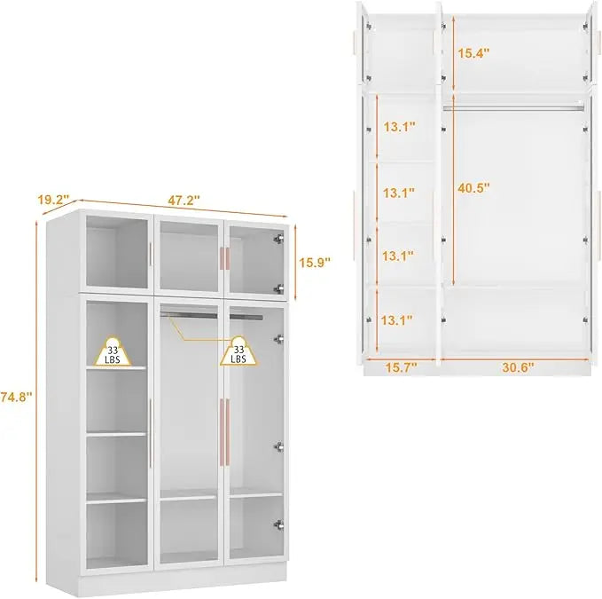 Wardrobe with LED Lights, 5-storey Bookshelf and 6 Glass Doors