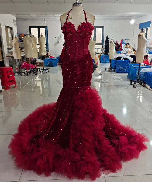 Beaded Halter Ruffles High Slit Evening Gown