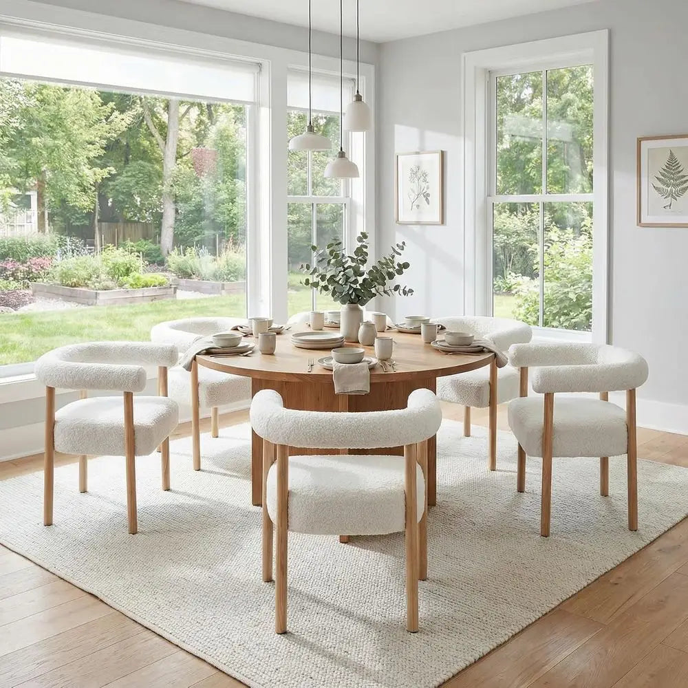 Set of 6 White Boucle Upholstered Dining Chairs with Curved Backrests and Natural Wood Legs