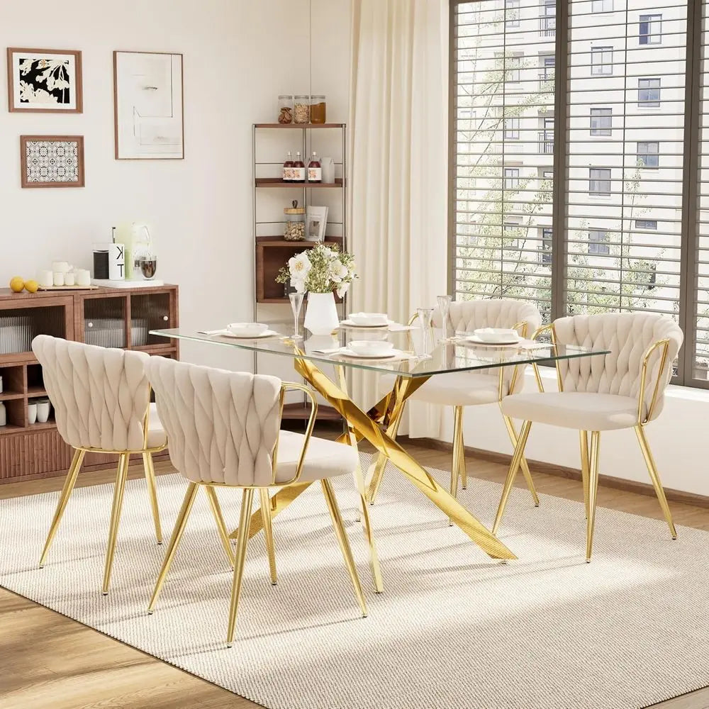 Elegant Glass Dining Set for 4 with Beige Velvet Chairs and Gold Base