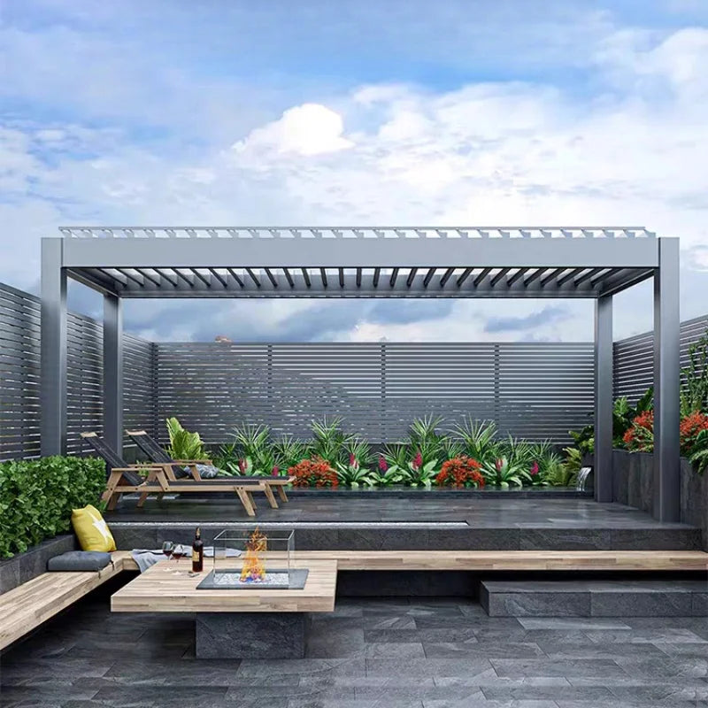 Aluminum pergola, rainproof, electrically adjustable gazebo, electric louvered awning, outdoor patio sunshade.