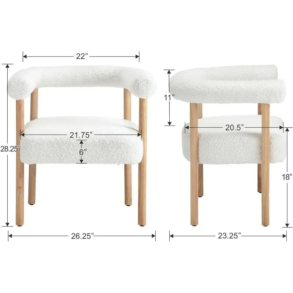 Set of 6 White Boucle Upholstered Dining Chairs with Curved Backrests and Natural Wood Legs