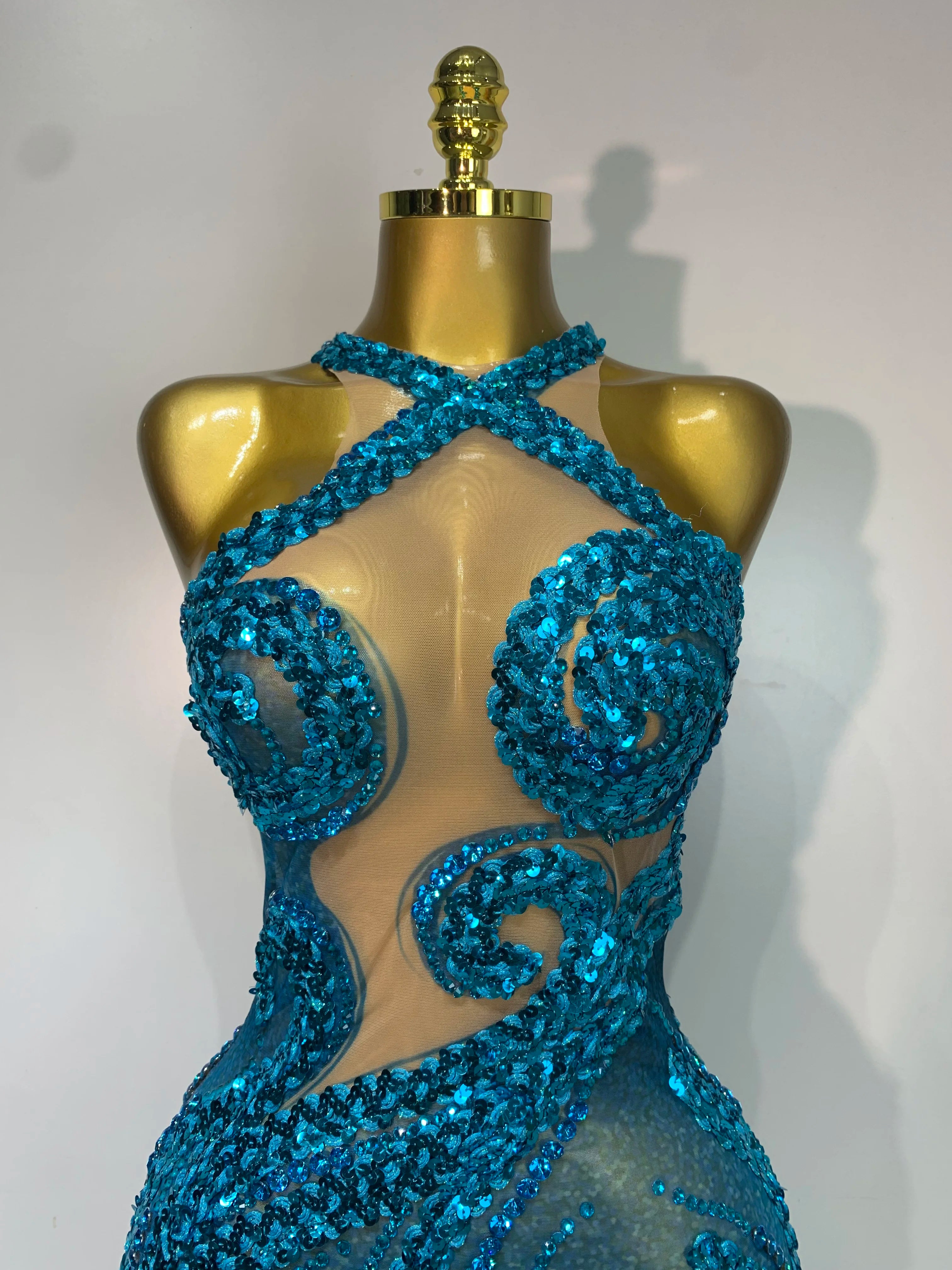 Blue Rhinestones Sequins Mesh Dress