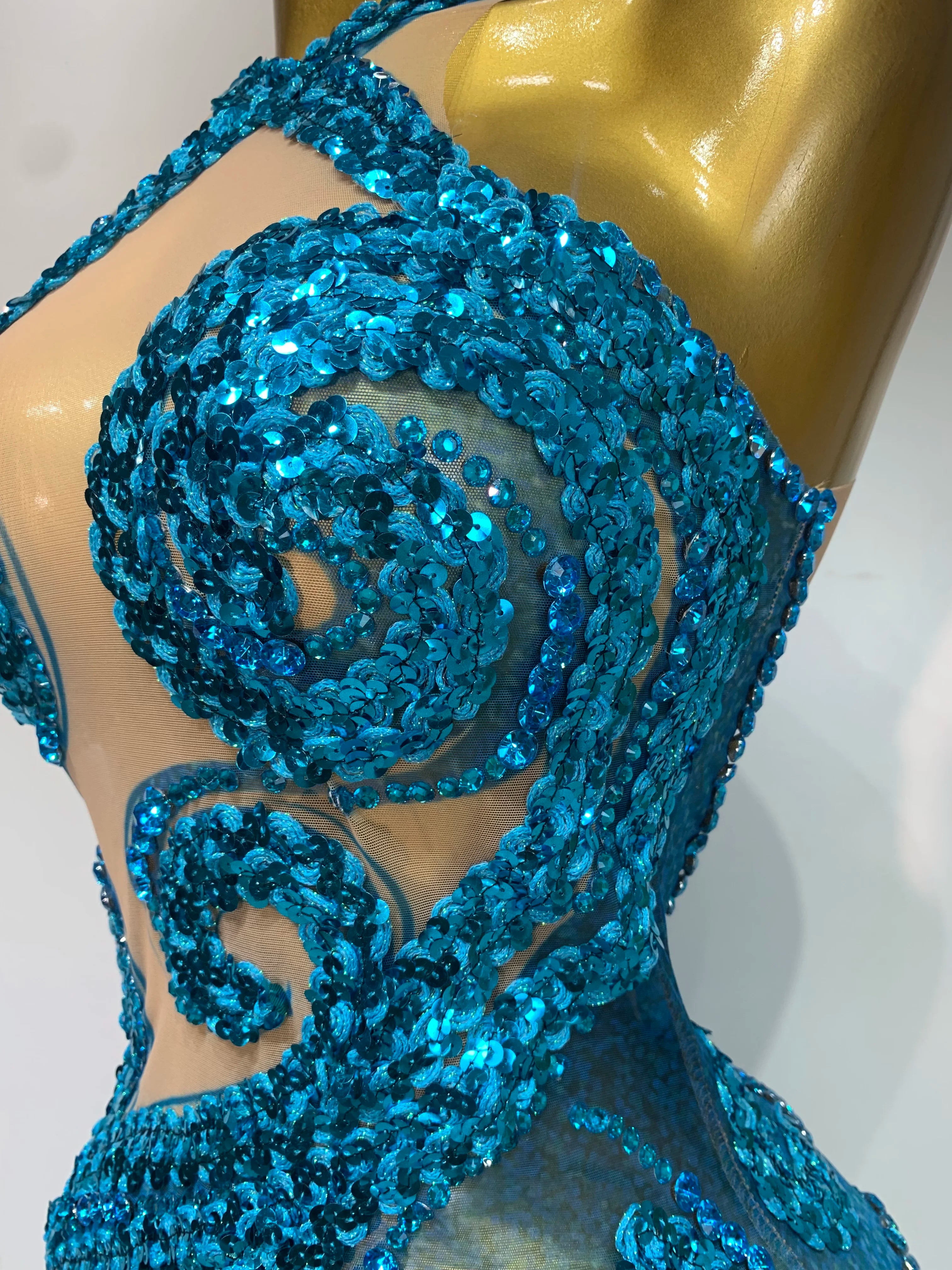 Blue Rhinestones Sequins Mesh Dress