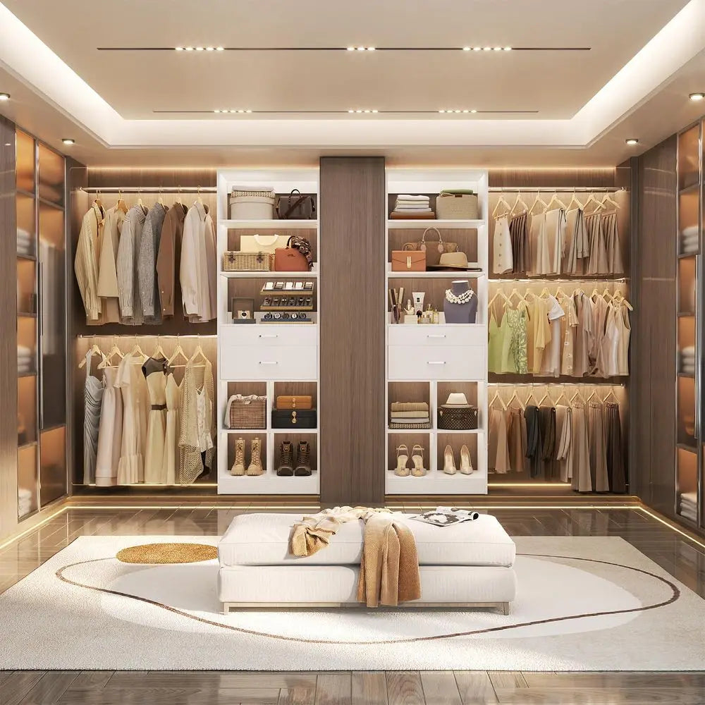 System, 48 FT Closet Organizer Tower with 2 Wooden Drawers and 5 Hanging Rods, Can Fit 60 to 96 inch Walk in Closet System