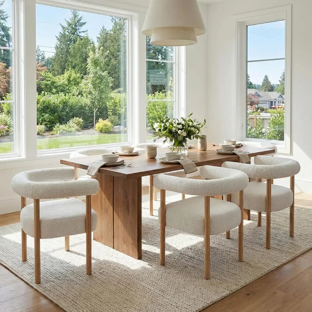 Set of 6 White Boucle Upholstered Dining Chairs with Curved Backrests and Natural Wood Legs