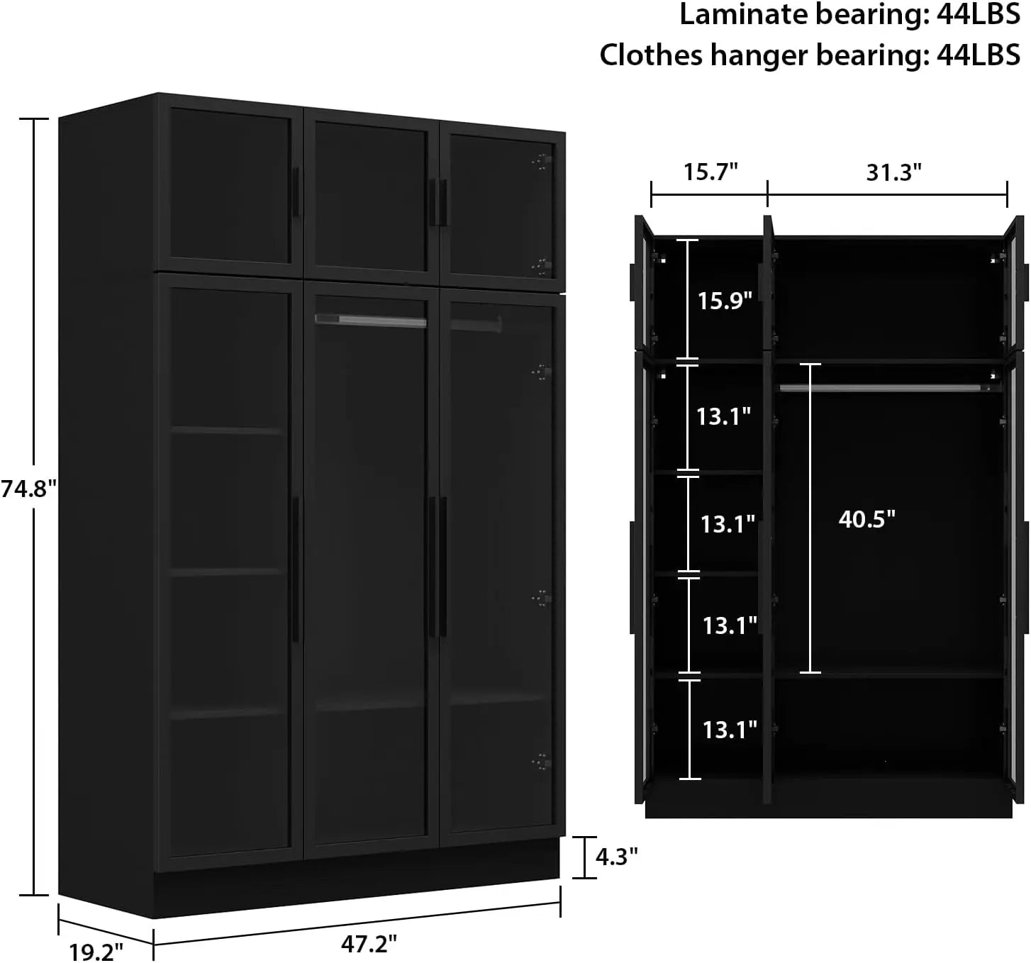 Wardrobe with LED Lights, 5-storey Bookshelf and 6 Glass Doors