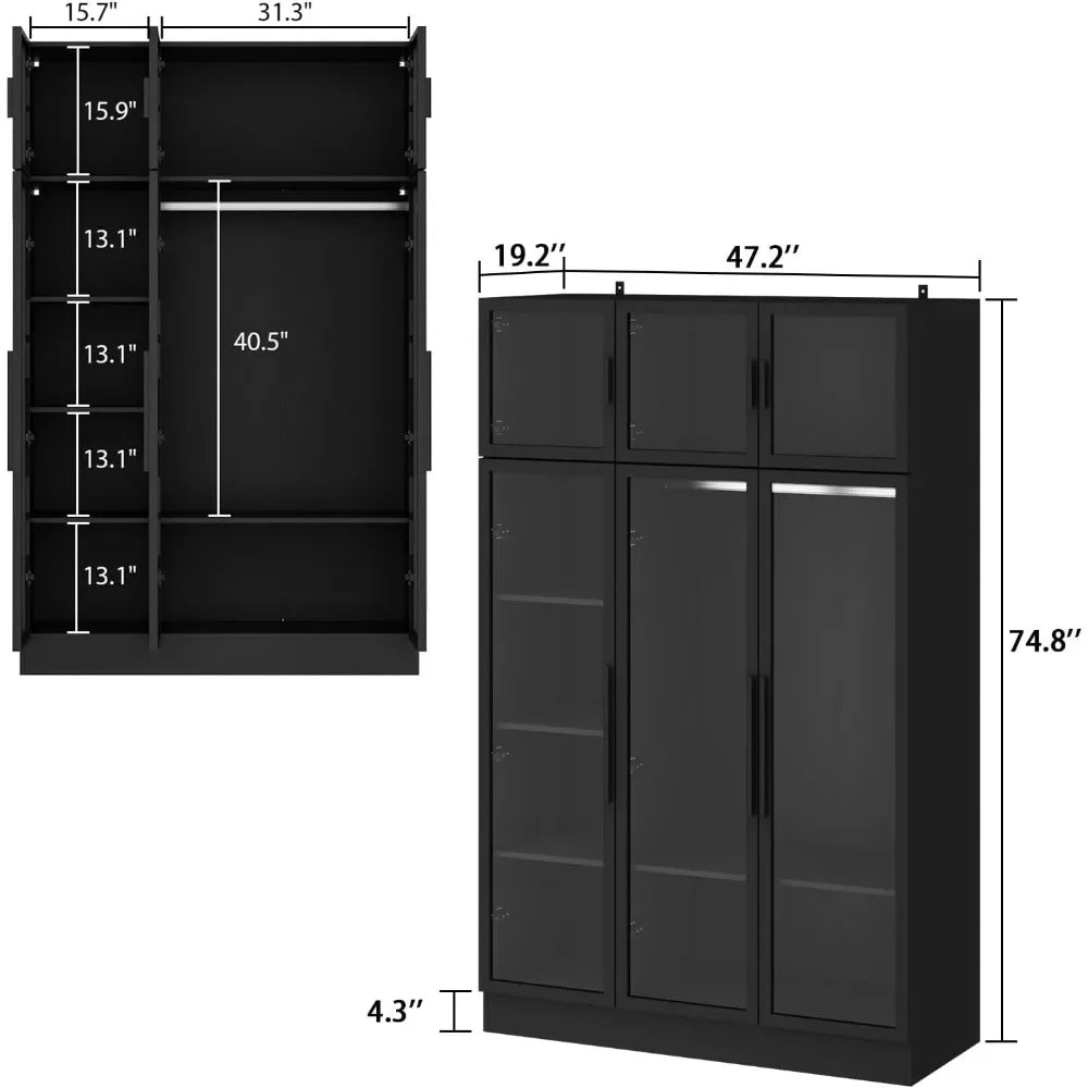 Wardrobe with LED Lights, 5-storey Bookshelf and 6 Glass Doors