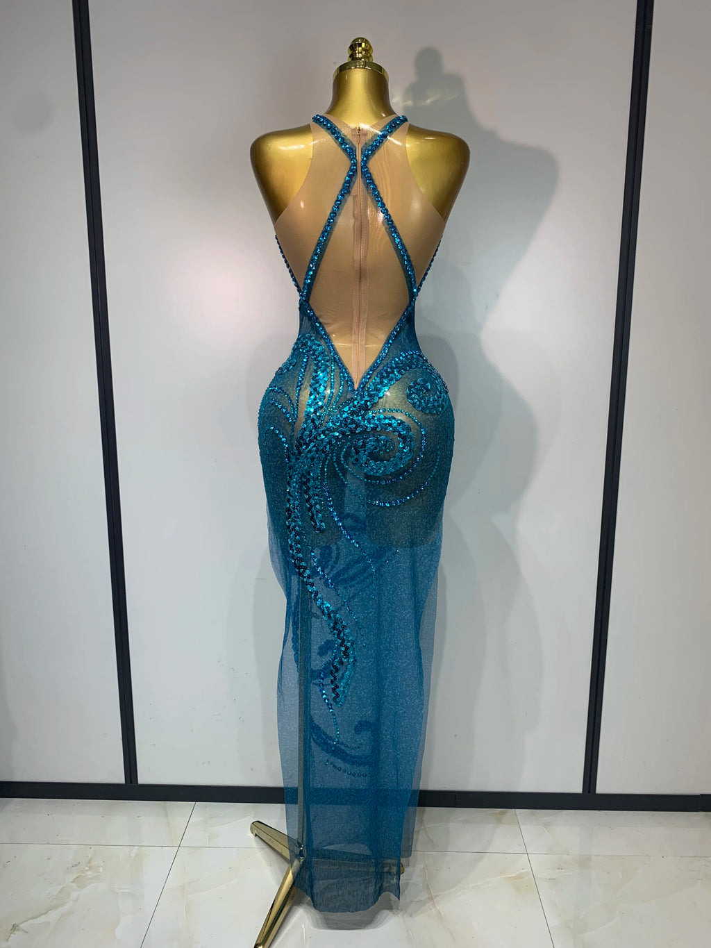 Blue Rhinestones Sequins Mesh Dress